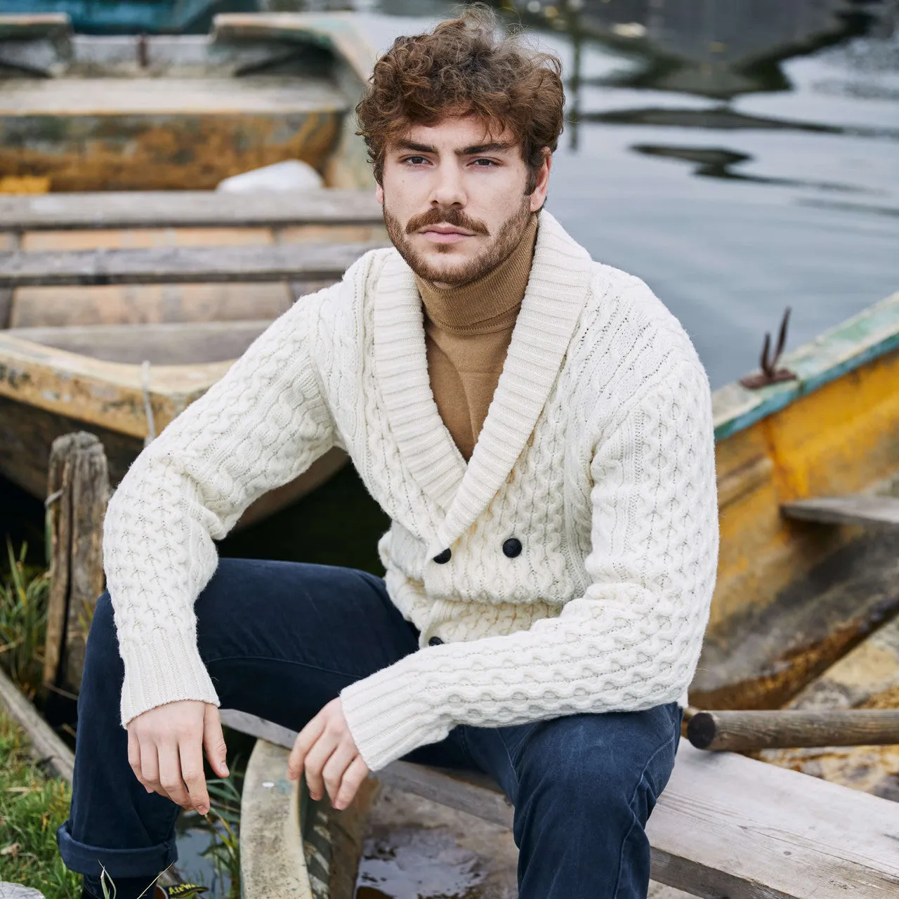 Mens Irish Aran Roll Collar Cardigan