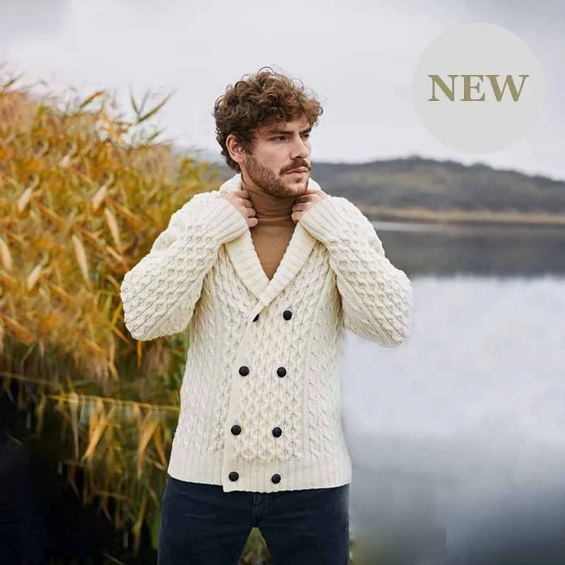 Mens Irish Aran Roll Collar Cardigan