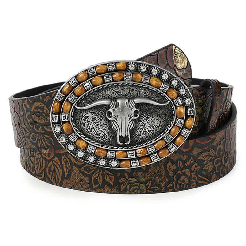 Men's Wooden Beads Carving Bull Head Leather Belt