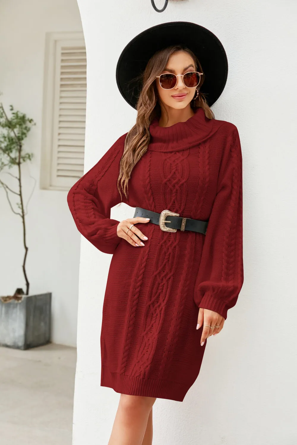 Mixed Knit Turtleneck Lantern Sleeve Sweater Dress