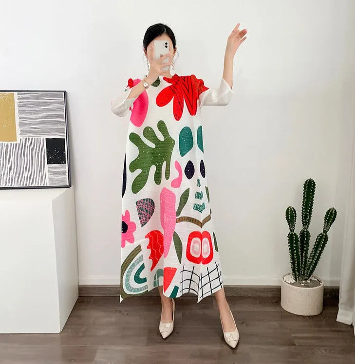 Miyake Pleated Floral Print Midi Dress