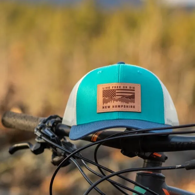 NH Flag & Mountain Cap- Teal/Navy Bill/Tan Mesh