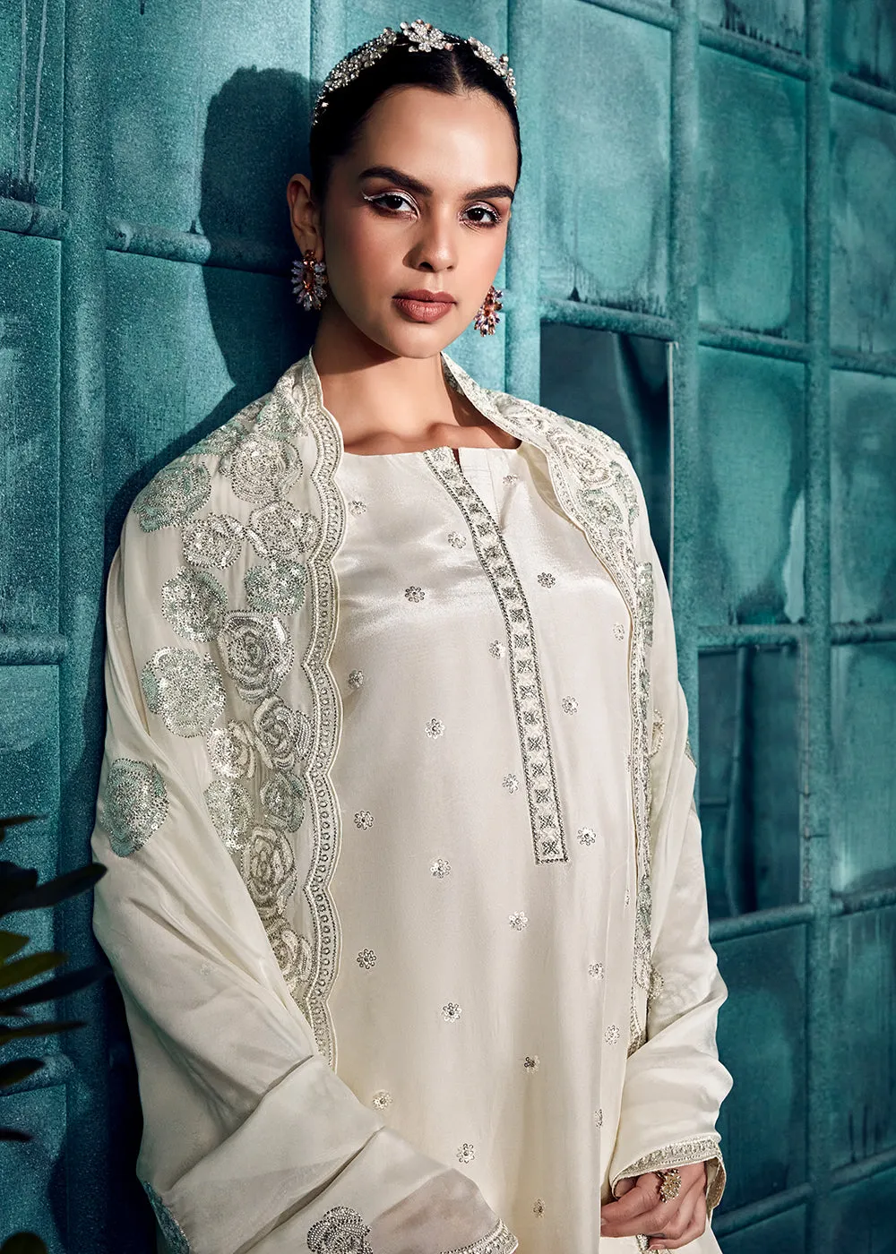 Pearl White Modale Silk Embroidered Festive Salwar Suit