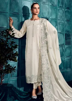 Pearl White Modale Silk Embroidered Festive Salwar Suit