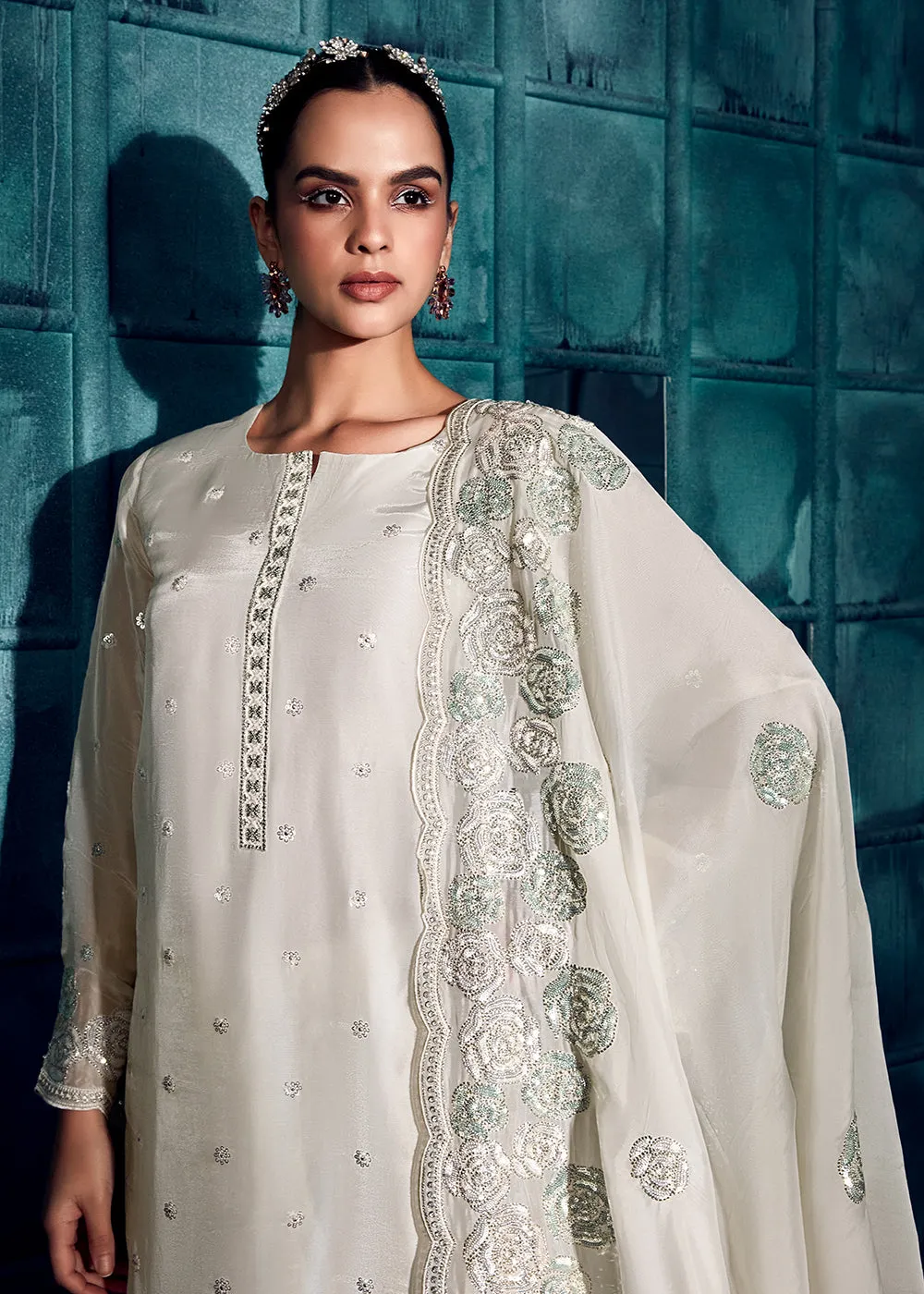 Pearl White Modale Silk Embroidered Festive Salwar Suit