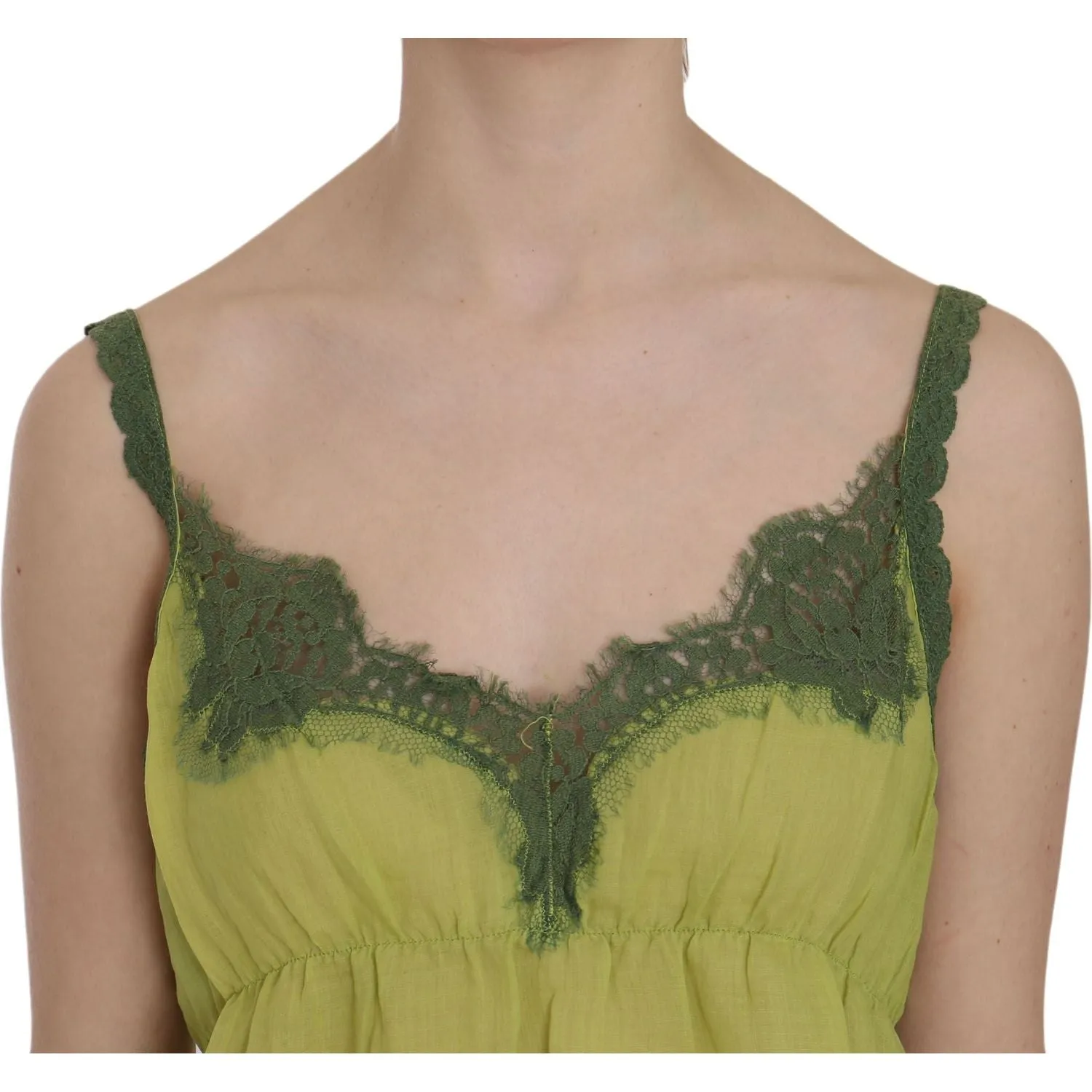 PINK MEMORIES Elegant Green Lace Linen Tank Top