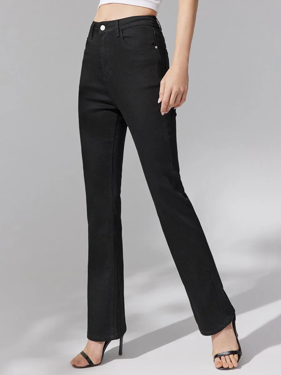 Plain Button Flare Leg High Waist Jeans