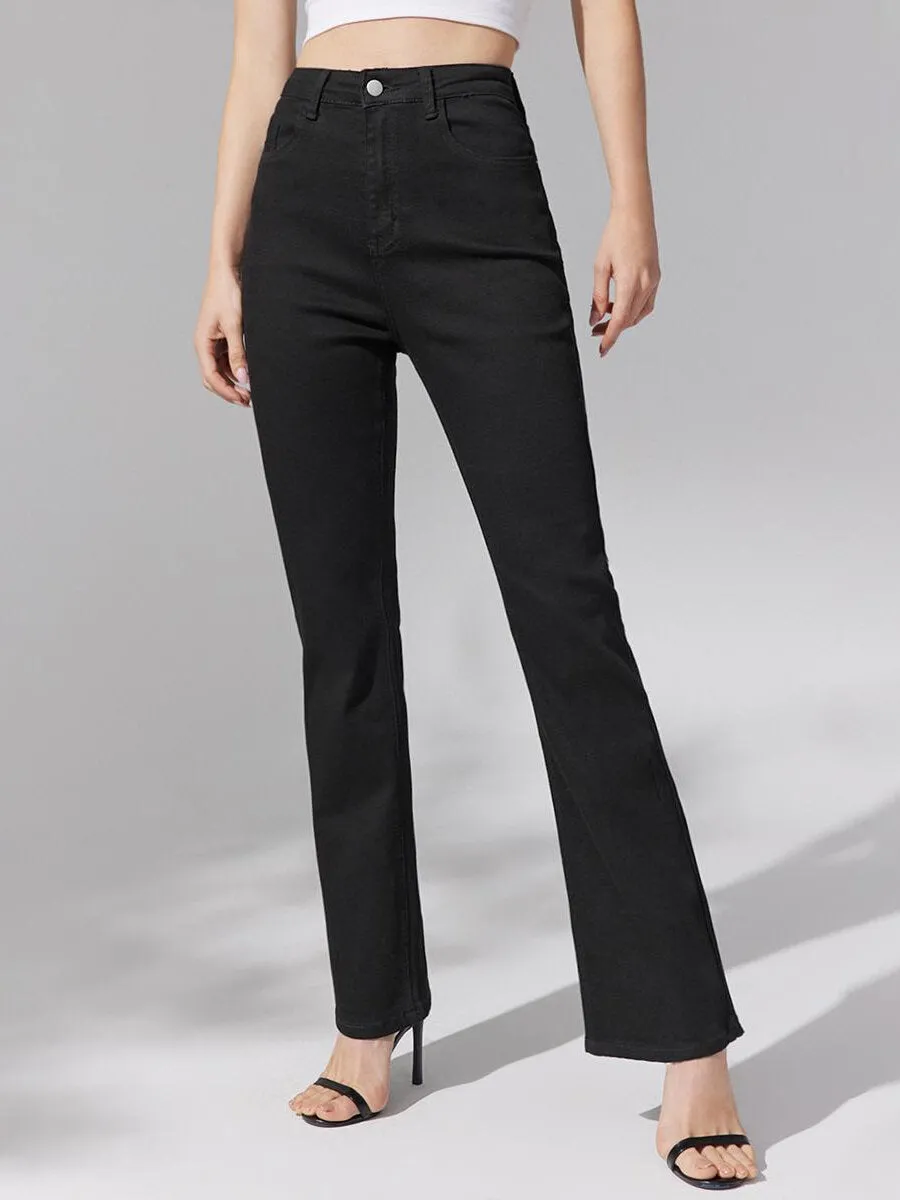 Plain Button Flare Leg High Waist Jeans