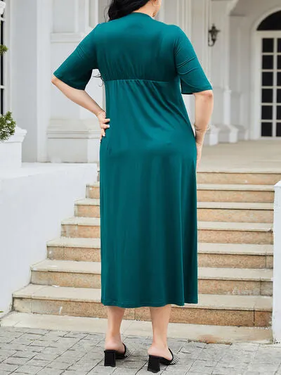 Plus Size Slit Surplice Short Sleeve Midi Dress