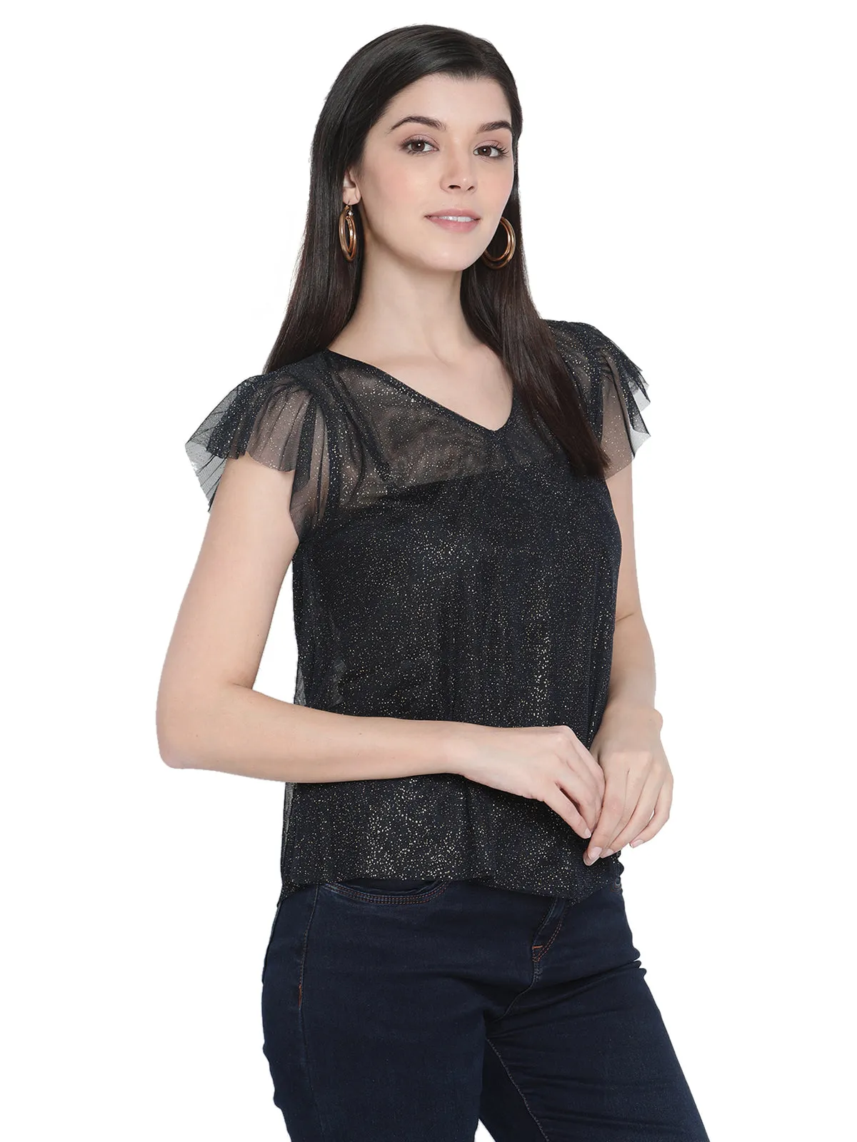 Porsorte Womens Polyester Mesh Sheer Navy Blue Top