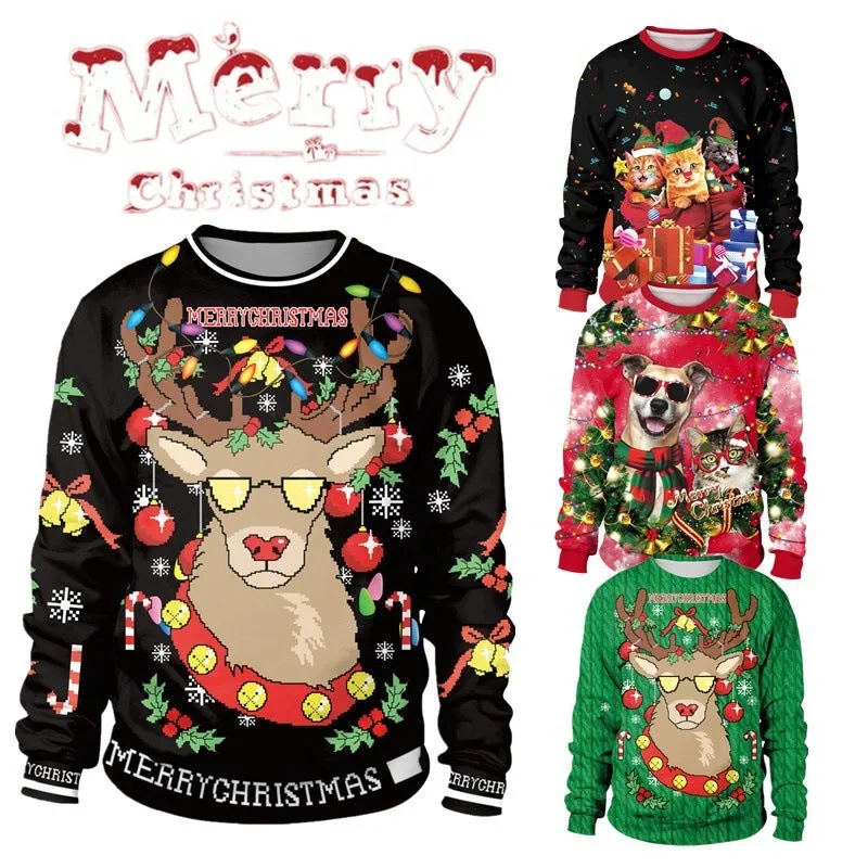 Pullover Sweater 3D Digital Printing Elk Sweater Couple Wear Long Sleeve round Neck Christmas Outfit