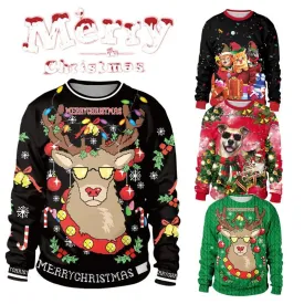 Pullover Sweater 3D Digital Printing Elk Sweater Couple Wear Long Sleeve round Neck Christmas Outfit