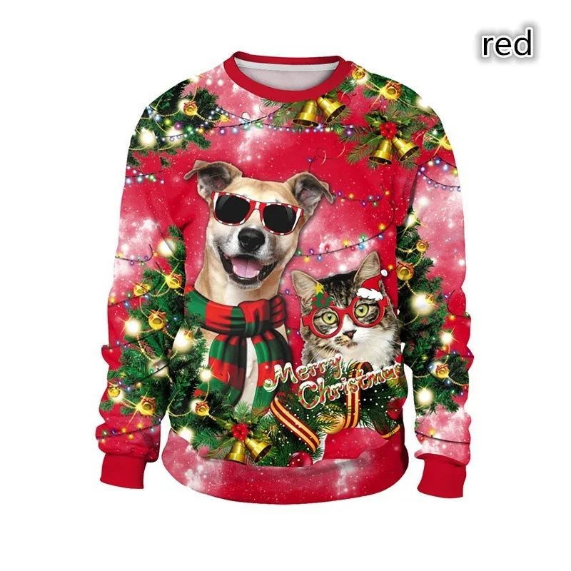 Pullover Sweater 3D Digital Printing Elk Sweater Couple Wear Long Sleeve round Neck Christmas Outfit