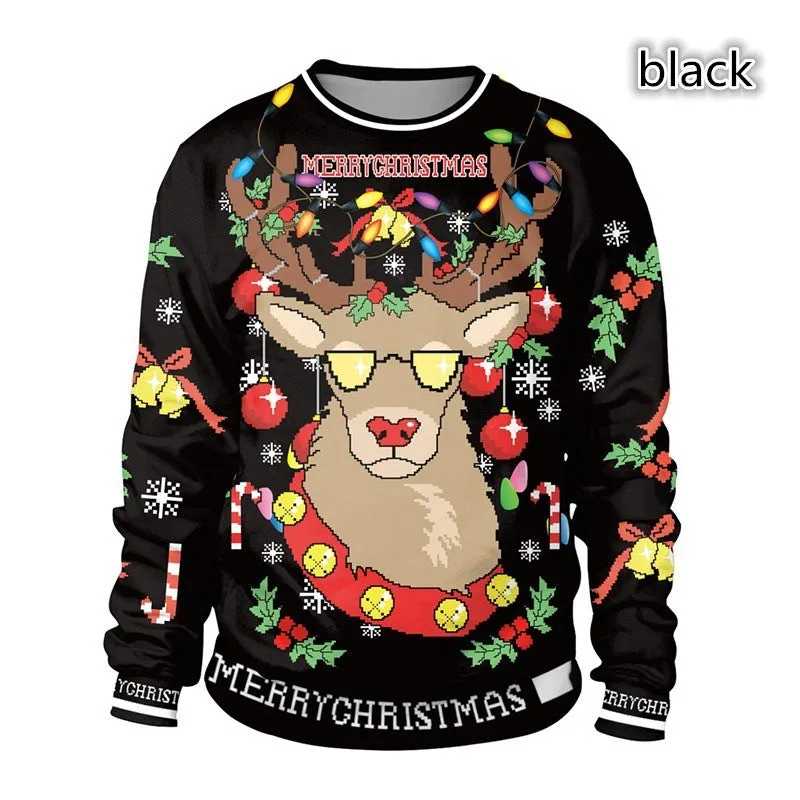 Pullover Sweater 3D Digital Printing Elk Sweater Couple Wear Long Sleeve round Neck Christmas Outfit