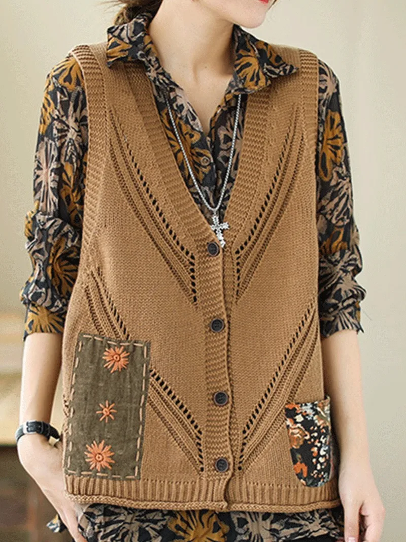 Saturday Night Patch Cotton Knitted Vest Women Sweater Cardigan