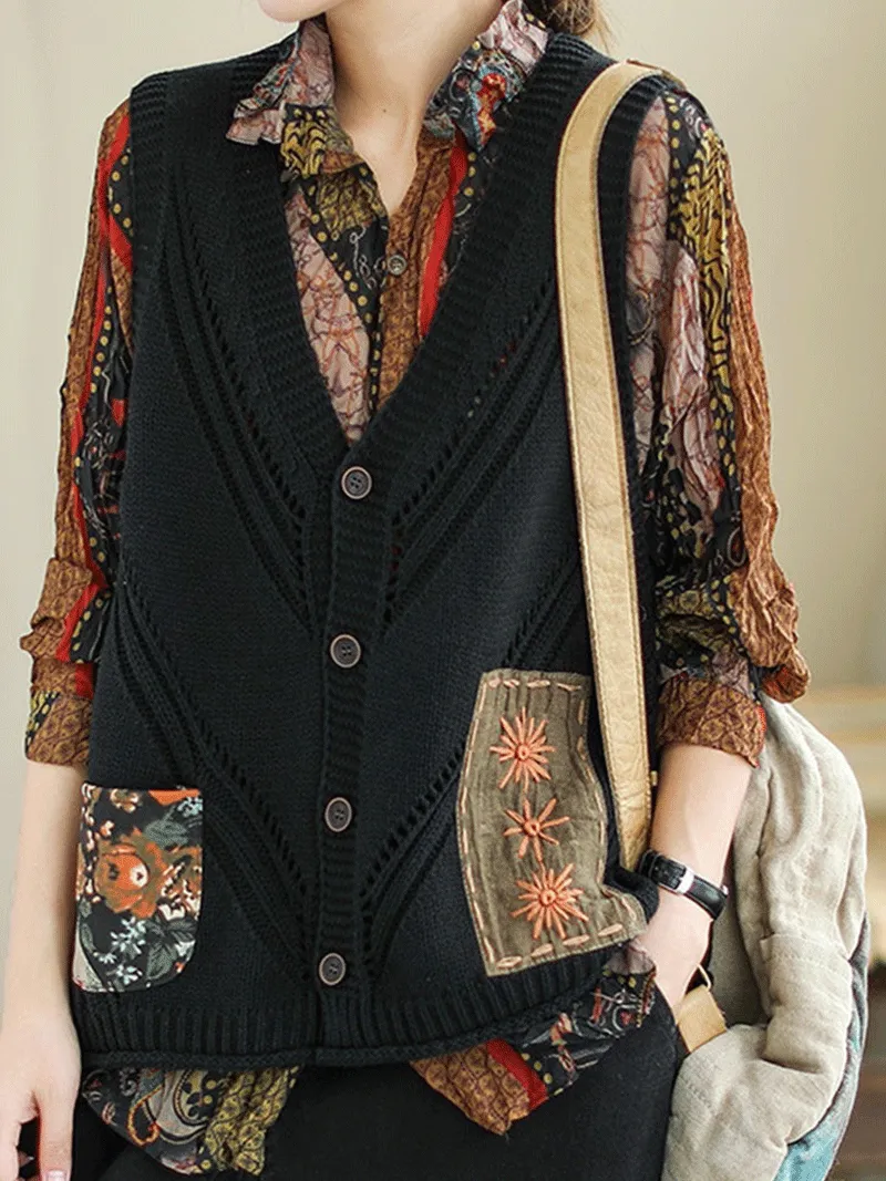 Saturday Night Patch Cotton Knitted Vest Women Sweater Cardigan