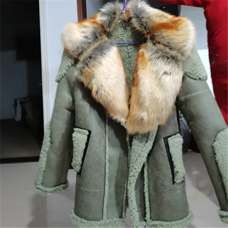 Shearling Sheepskin Style Faux Fur Trim Collar Coat