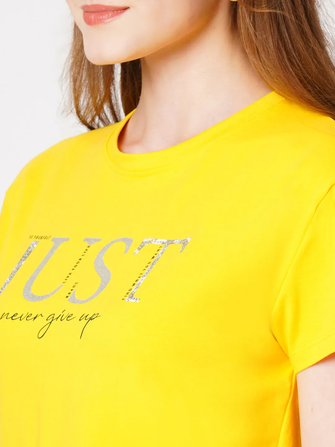 Women Golden Sunset Crop Chest Print T-Shirt