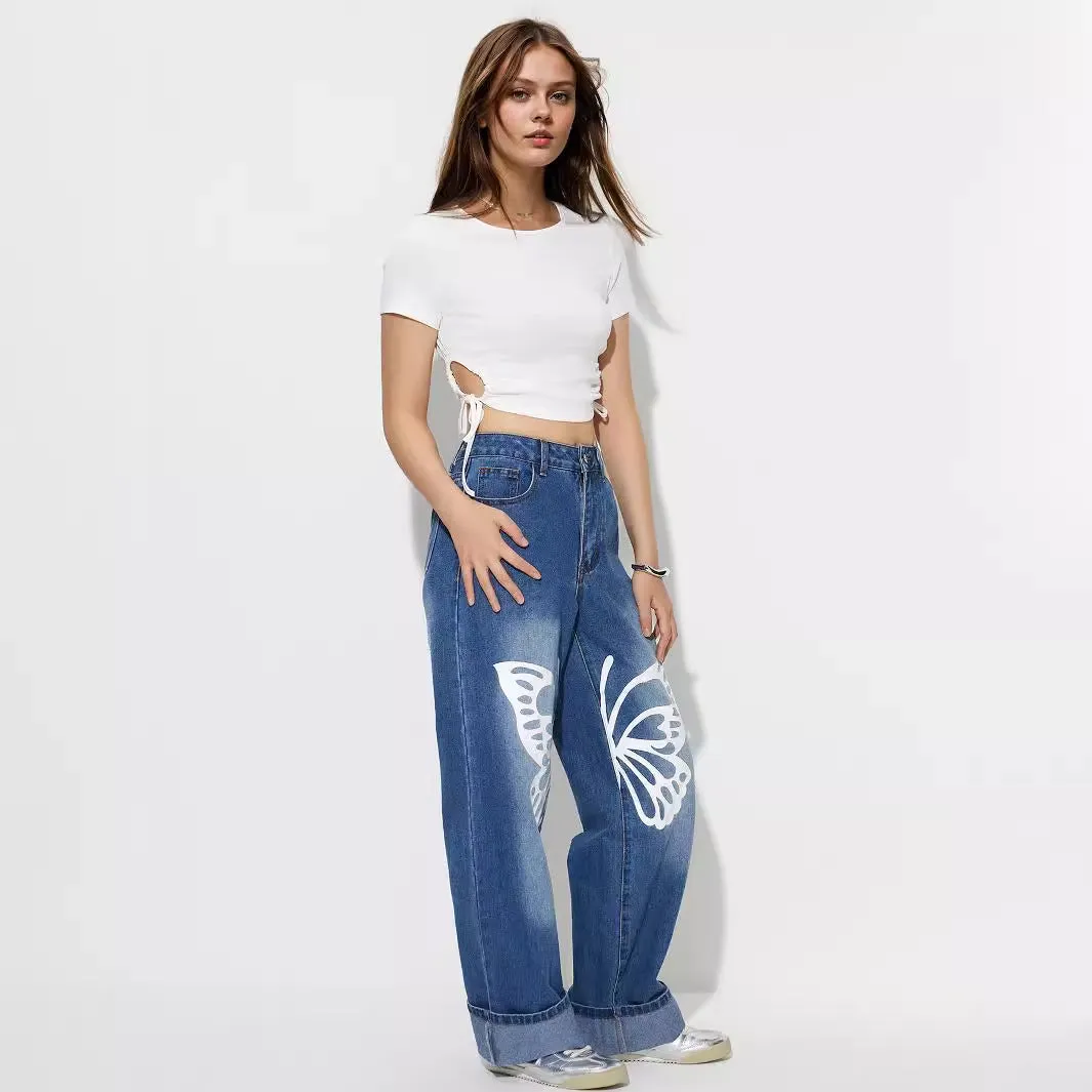 Women Wear Retro Casual High Waist Straight Jeans Trousers