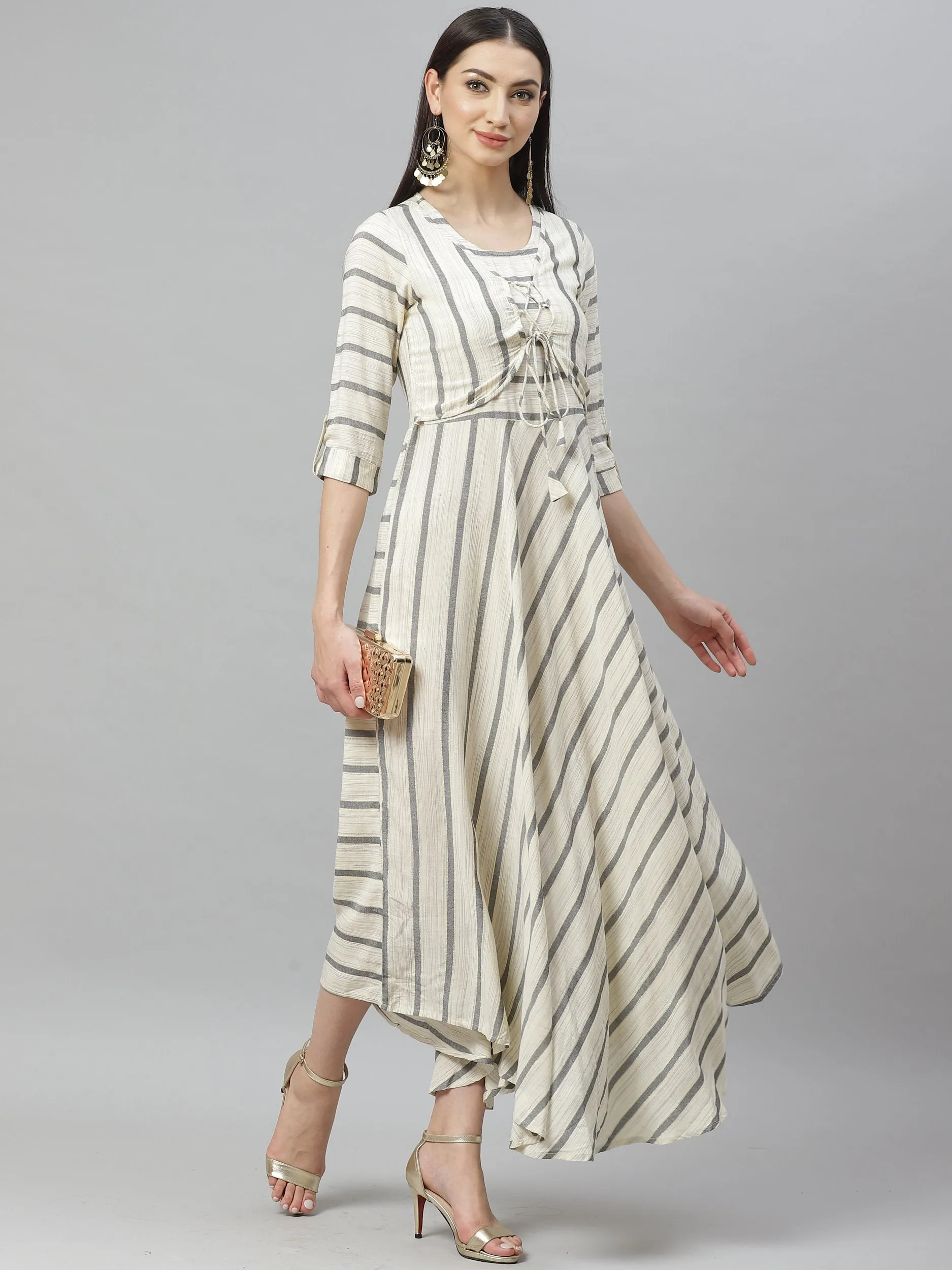 Women's Off White Rayon Casual Party Wear Long Dress