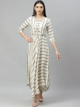 Women's Off White Rayon Casual Party Wear Long Dress