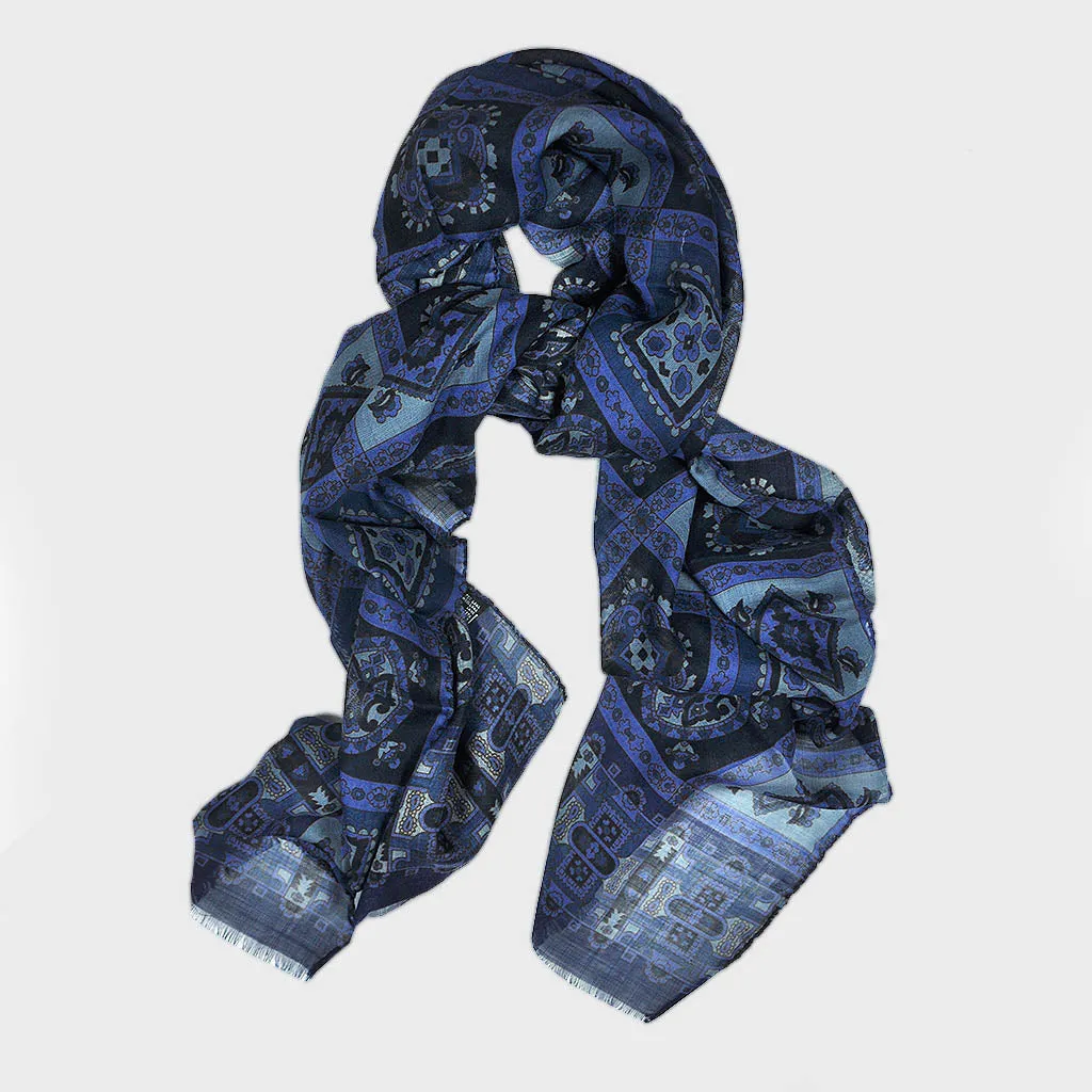 Wool Silk Mosaic of Medallions Scarf in Blues