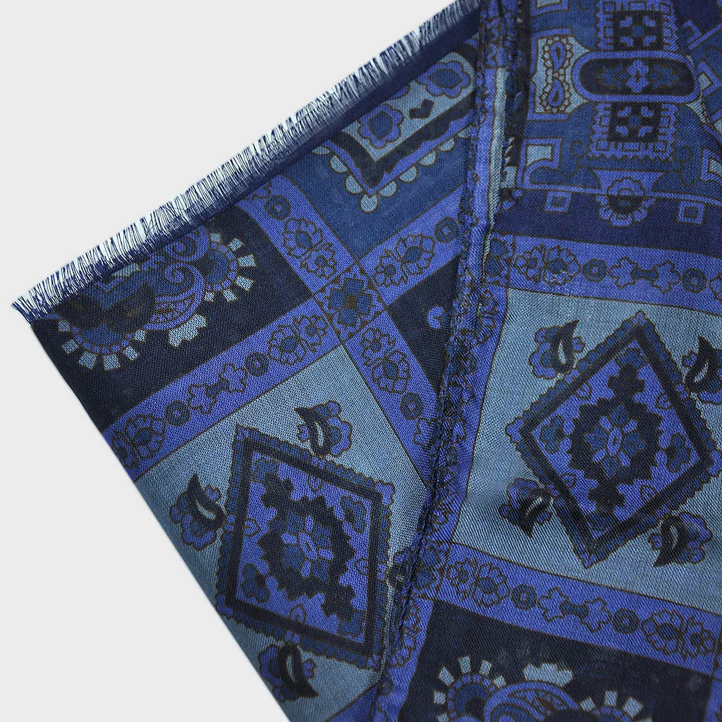 Wool Silk Mosaic of Medallions Scarf in Blues